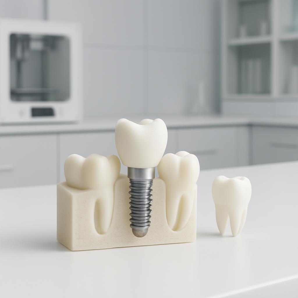 O modelo anatômico das estruturas dentárias, incluindo dentes, suporte e implante.