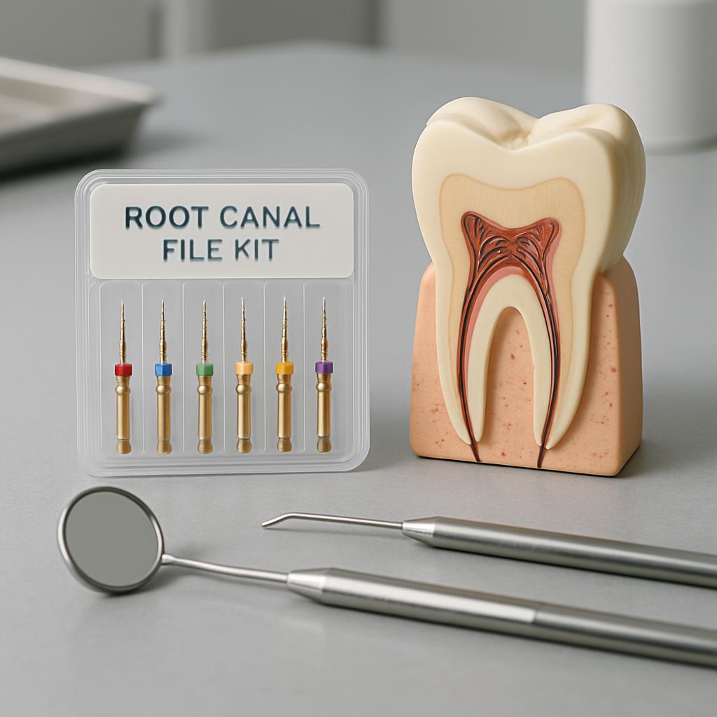 Image de um kit para formasção de canal de dentes, um procedimento que se utiliza em odontologia, trabalhando na raiz do d...