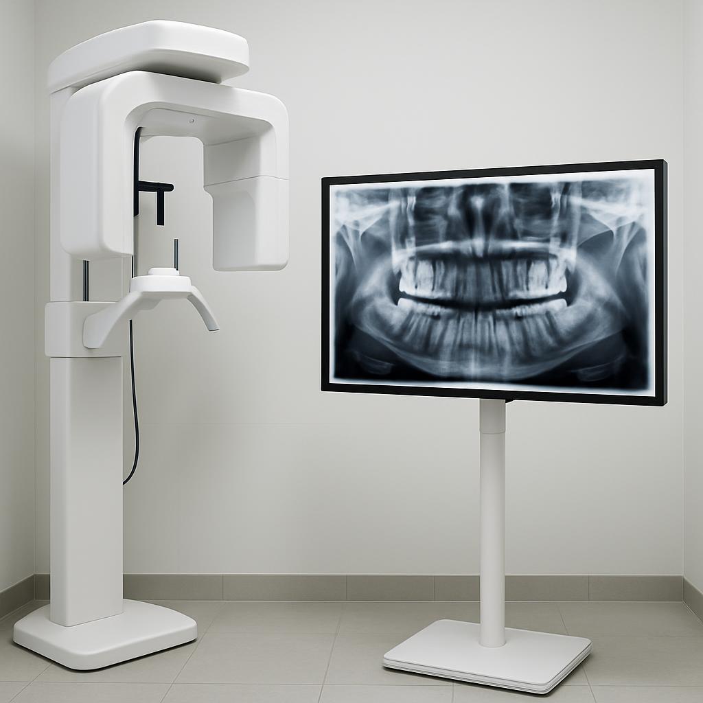 Um aparelho de radiografia dentária instalado em um consultório dental, denominado de radiografia panorâmica.